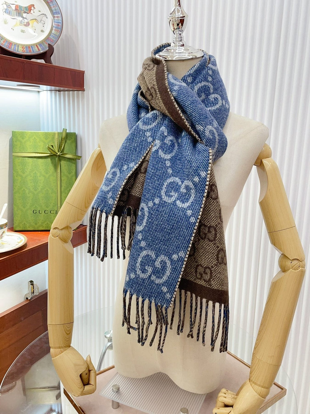 Gucci Reversible Blue and Brown Fringed Scarf